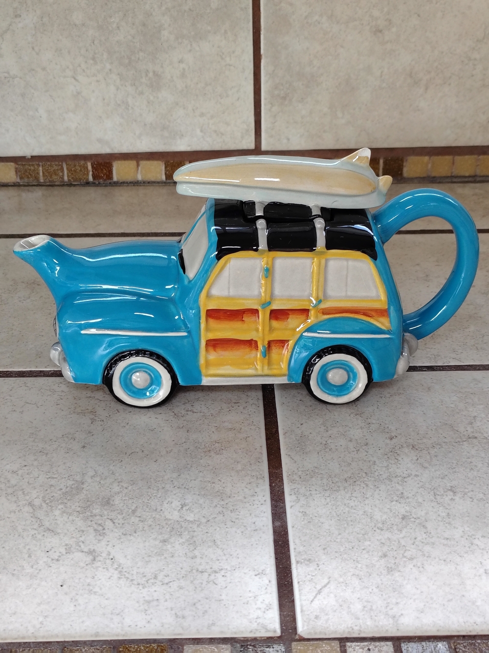 Ceramic Retro Woody Station Wagon Teapot with Surfboard Lid.